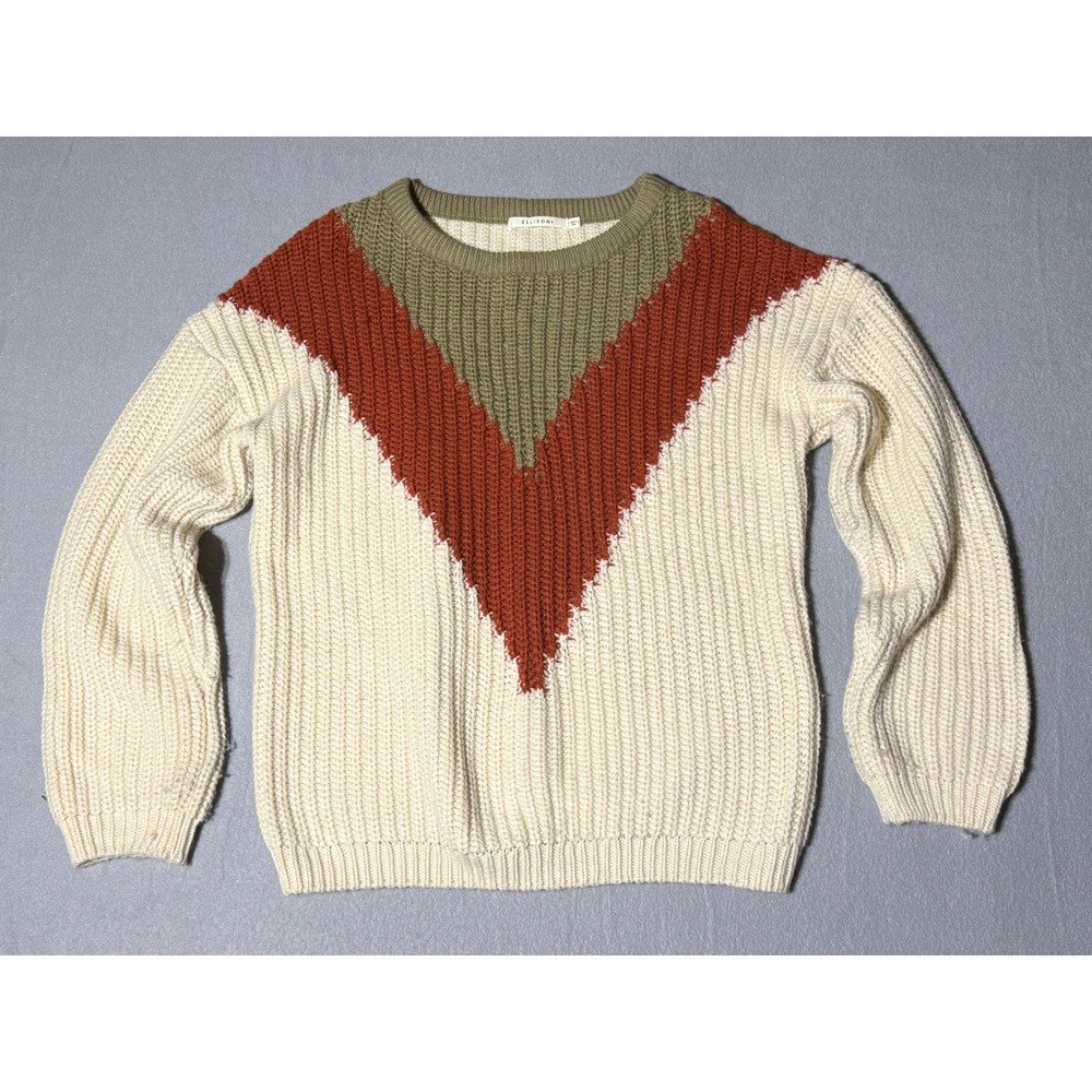 Ellison Womens L Chunky Knit Sweater Cream Rust Olive Colorblock Boho Retro